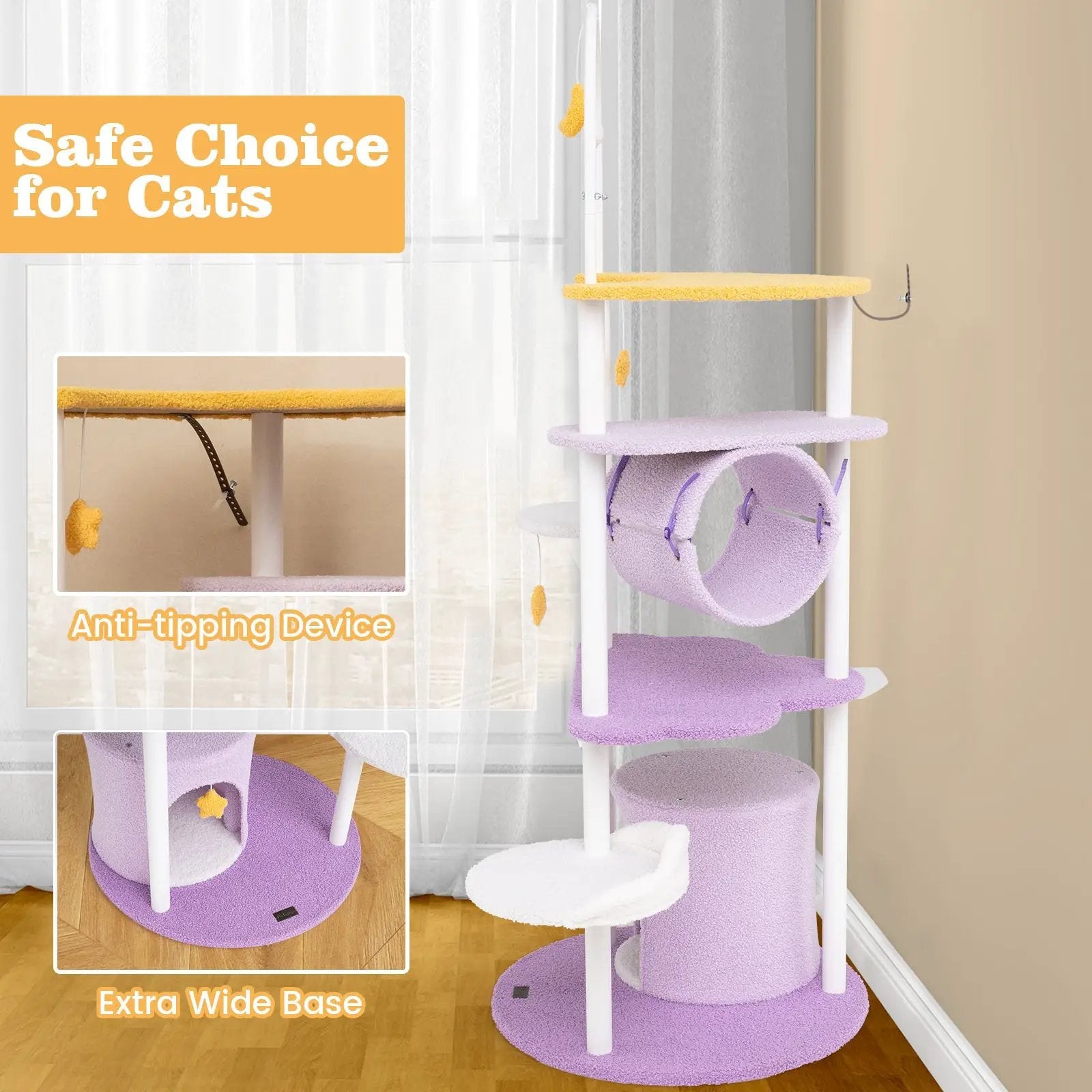 62 Inches Large Cat Tower with Metal Frame and Jumping Platforms-Purple by DirectDeals