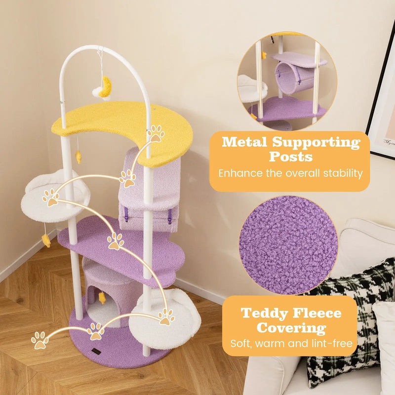 62 Inches Large Cat Tower with Metal Frame and Jumping Platforms-Purple by DirectDeals