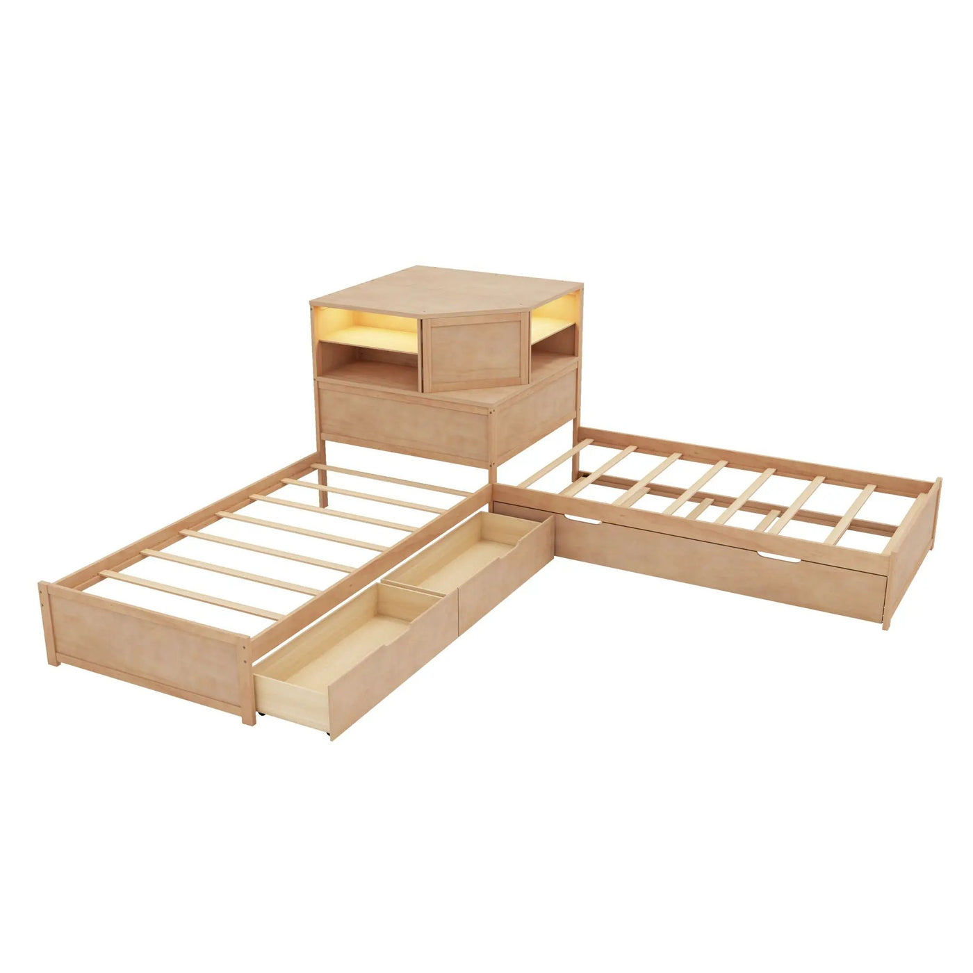 L-Shaped Bed Frame With Trundle, Built In Desk & LED Lighting by HouseOfZazla