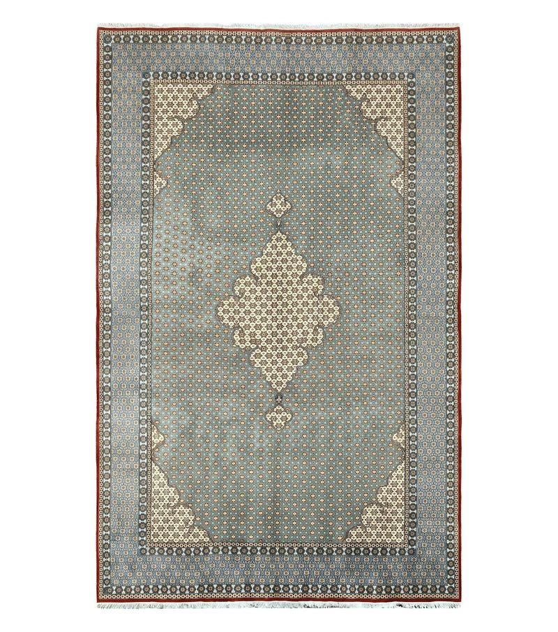 Rare Persian Rug 8x12, Qum Rug, Repeated Star Motifs, Blue and Ivory, Fine 300 KPSI, Hand Knotted Handmade Vintage Wool Rug by Jewel Rugs