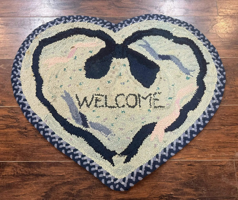Small American Hooked Rug, Vintage Welcome Mat, Heart Shaped, Ivory and Blue by Jewel Rugs