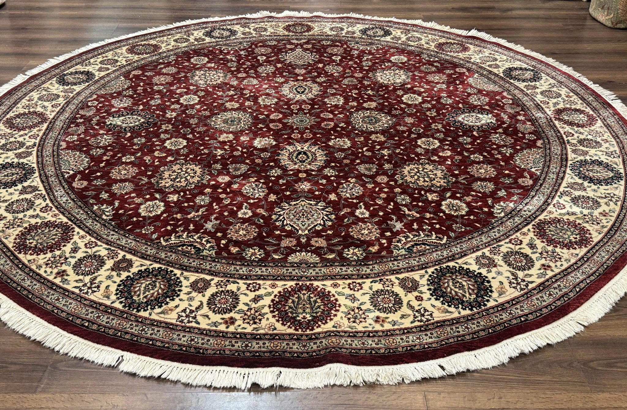 Round Sino Persian Rug 9x9, Burgundy and Cream, Floral, Wool and Silk, 9ft Round Carpet by Jewel Rugs