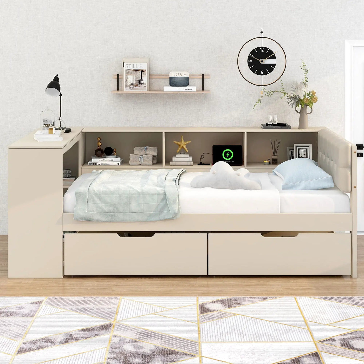 Upholstered Headboard Platform Bed With Storage Shelves, Drawers, Charging Station by Unique Piece Furniture