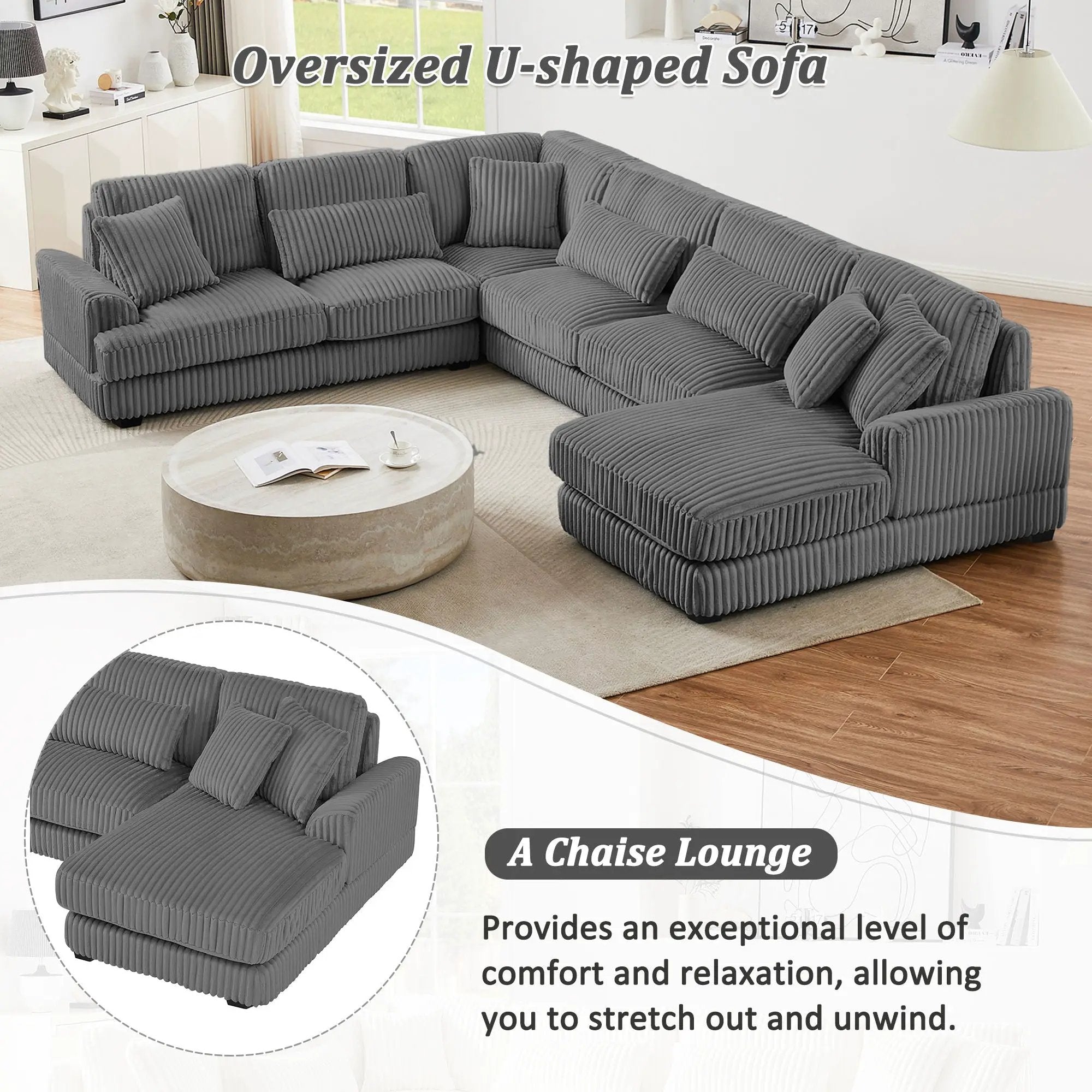 Oversized Sectional Sofa U - Shaped Sofa Couch Modern Sofa Upholstered In Soft With A Chaise Lounge For Living Room by Unique Piece Furniture
