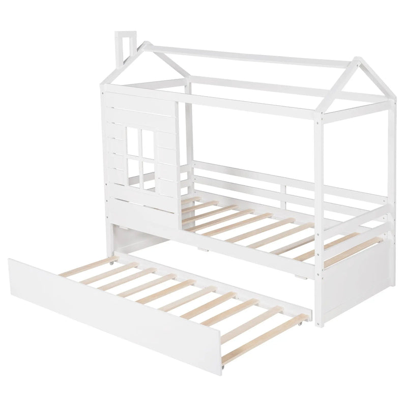 Twin Size Classic House Bed With Twin Size Trundle - White by HouseOfZazla