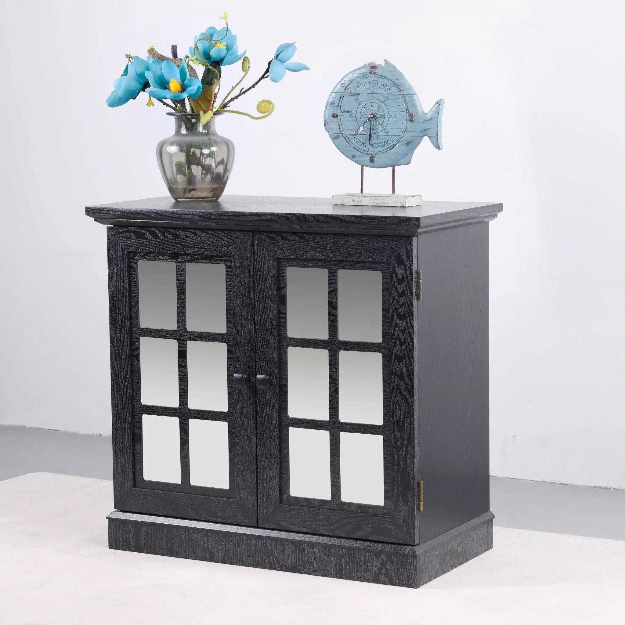 Sideboard Cabinet With Mirrored Doors, Adjustable Shelf, Metal Handles