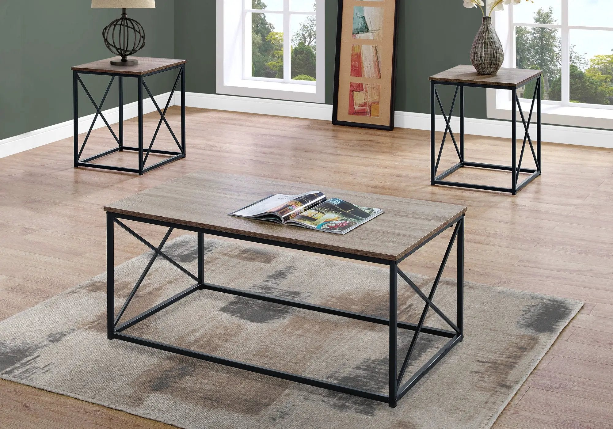 3 Pieces Table Set, Coffee, End, Side, Accent - Brown / Black by Unique Piece Furniture