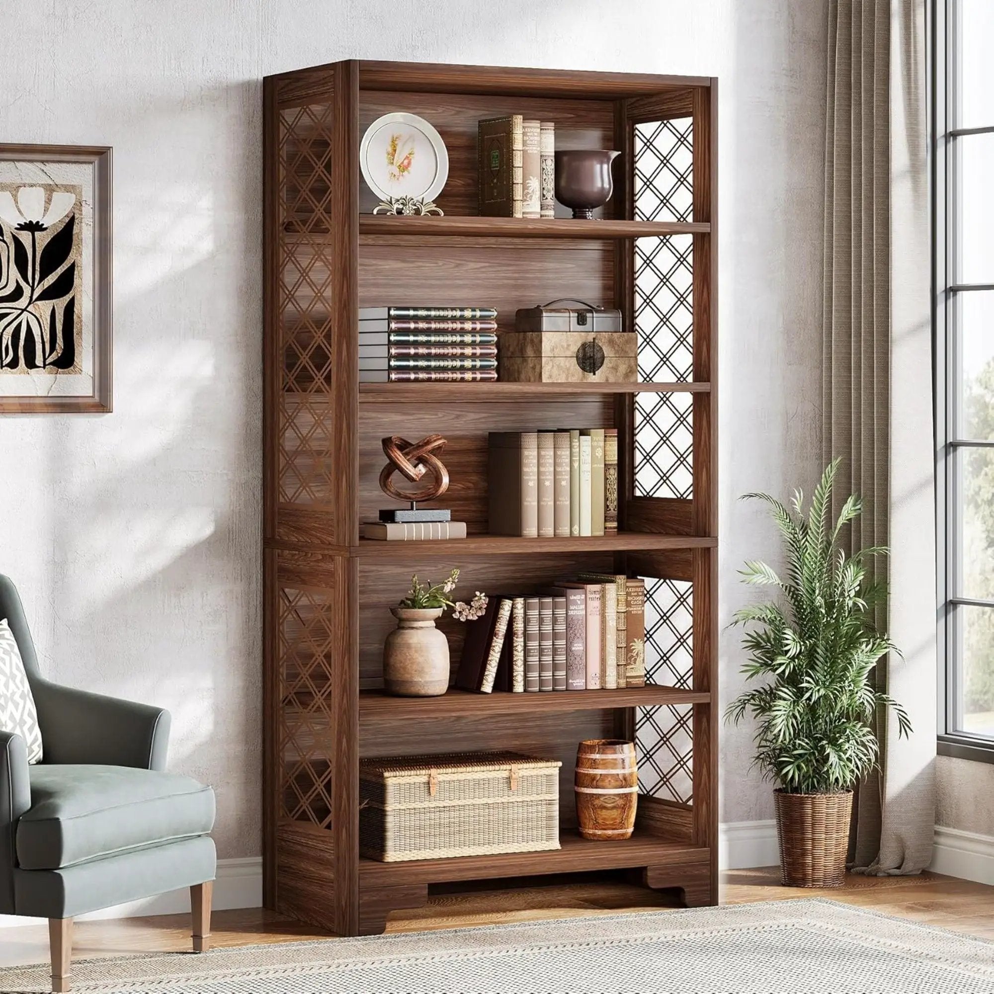 6 Tier Brown Mid Century Bookcase With X Design For Living Room - Brown by HouseOfZazla