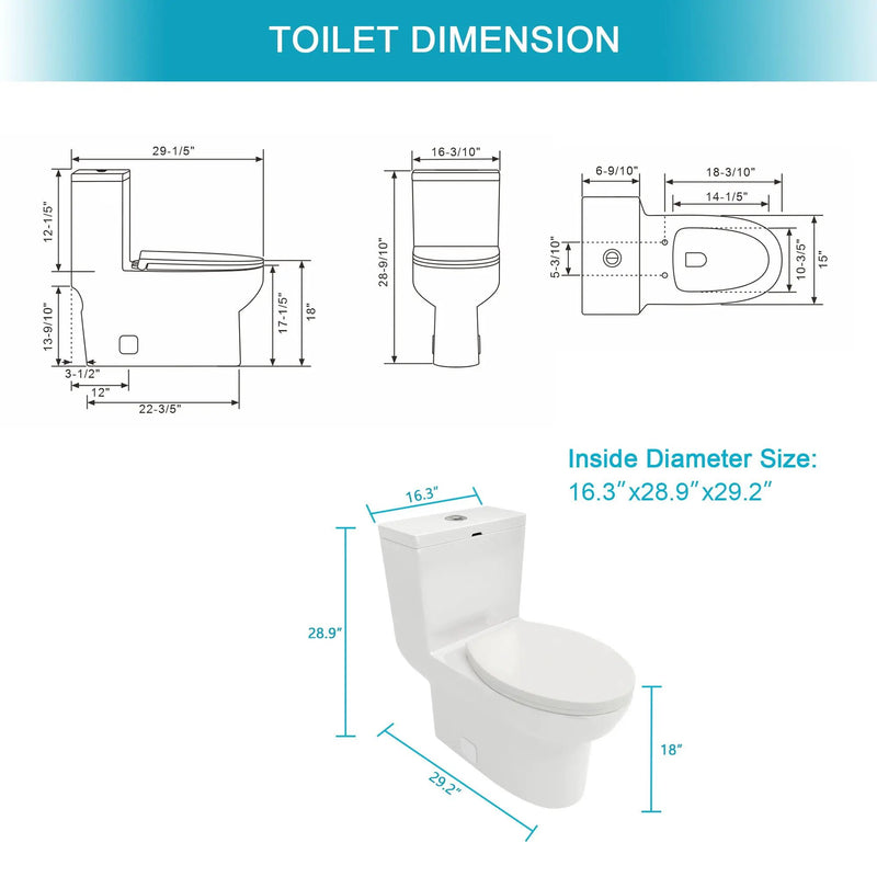 1 Piece Toilet & Dual Flush, Soft Closing Seat - White by HouseOfZazla