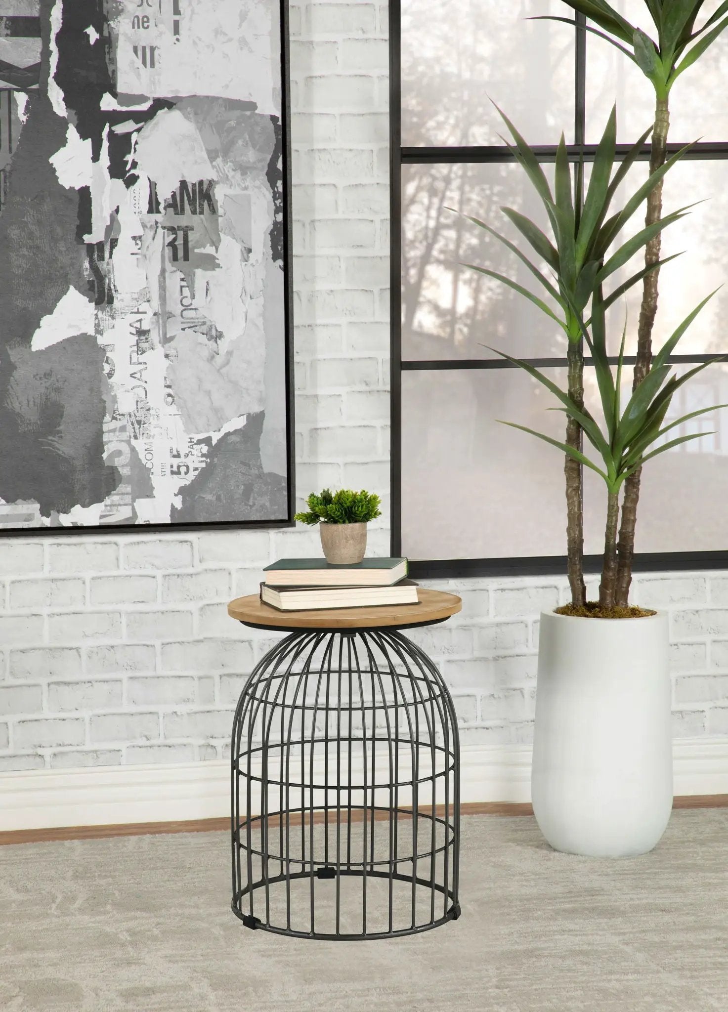 Bernardo Round Wire Frame Side Table Natural and Gunmetal by Unique Piece Furniture