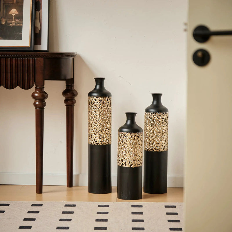Floor Metal Vases Decorated Metal Vases (Set of 3) Gorgeous Home Decoration Large Glazed Metal Vases - Black / Gold by HouseOfZazla