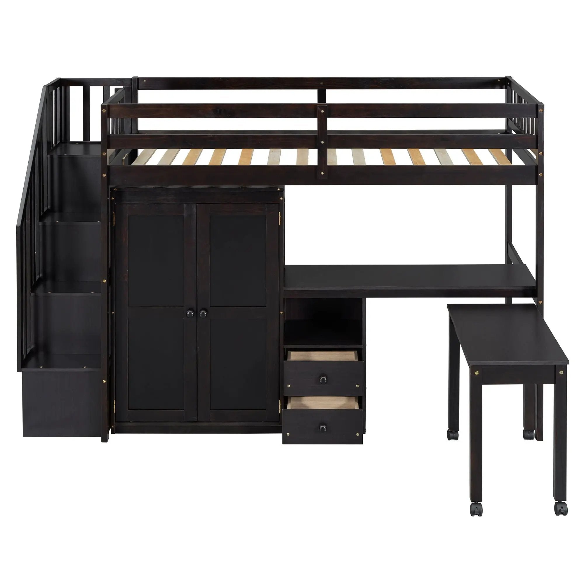 Loft Bed With Stairs, Bookshelf, Drawers, Desk & Wardrobe, Space Saving Multifunctional Furniture by HouseOfZazla