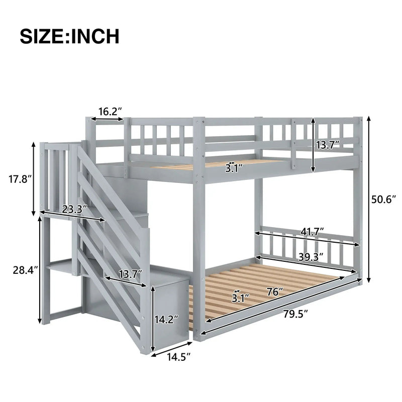 Twin Over Twin Floor Bunk Bed, Ladder With Storage by Unique Piece Furniture