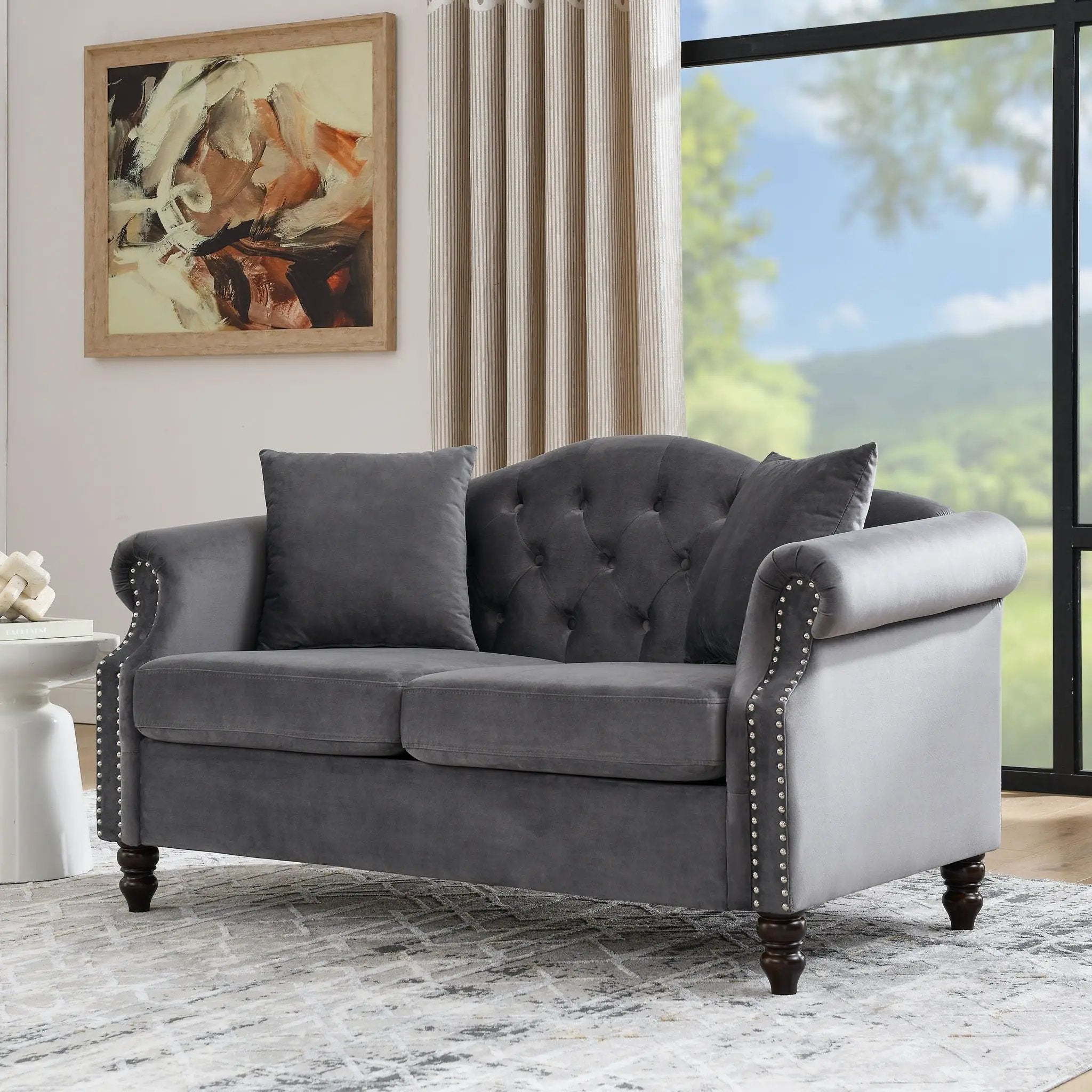 2 Seater Chesterfield Sofa With Rolled Arms And Nailhead Trim For Living Room by HouseOfZazla