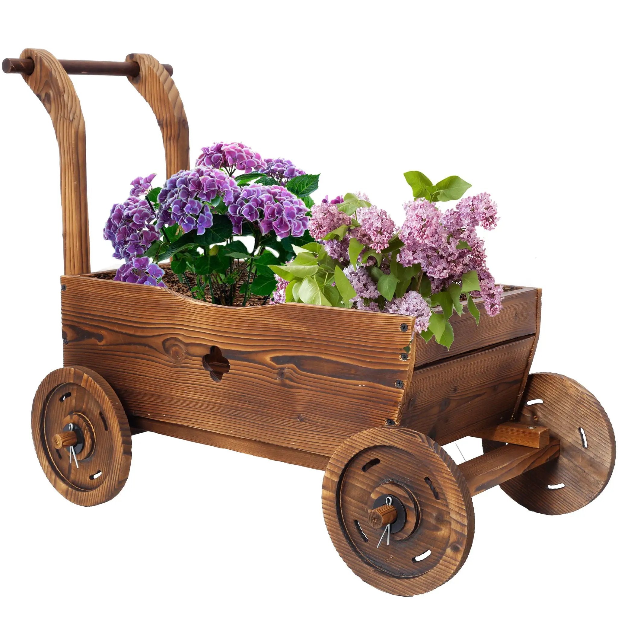 Wooden Wagon Planter Box Mobile Garden Planter With Wheels Handle Drain Hole Wood - Brown by HouseOfZazla