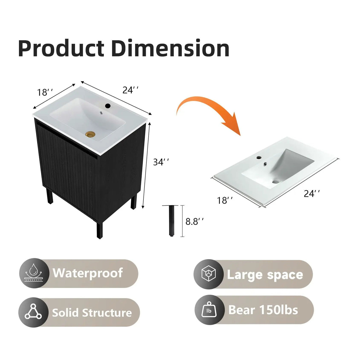 Bathroom Vanity With Ceramic Sink, Floor-Standing Design, Soft-Closing Drawers by HouseOfZazla