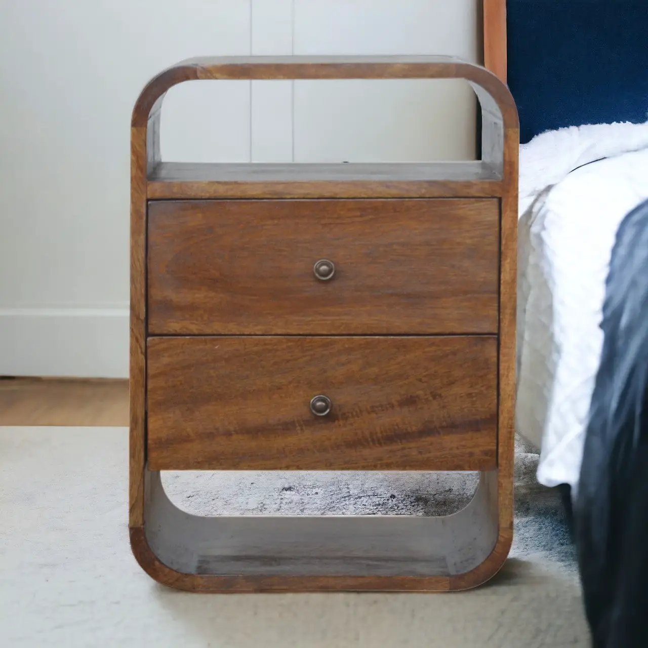 Solid Wood Chestnut Curve 2-Drawer Nightstand, 2 Open Slots by HouseOfZazla
