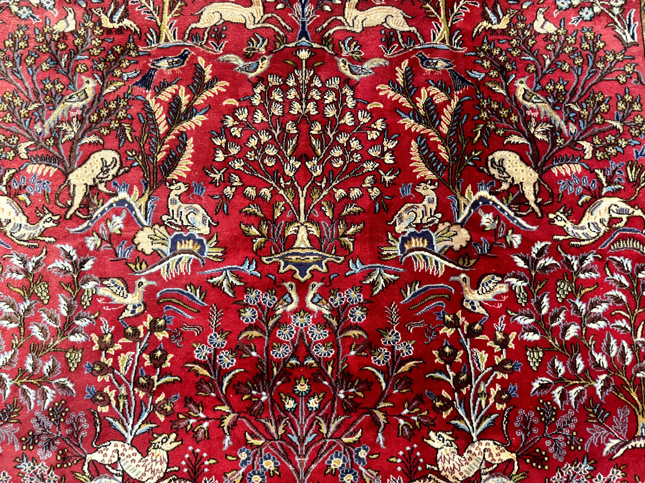Persian Qum Rug 9x12, Animal Pictorials, Deer Birds, Tree of Life, Red and Navy Blue by Jewel Rugs