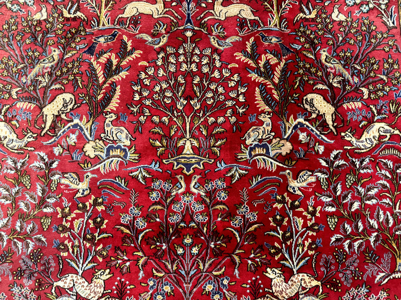 Persian Qum Rug 9x12, Animal Pictorials, Deer Birds, Tree of Life, Red and Navy Blue by Jewel Rugs