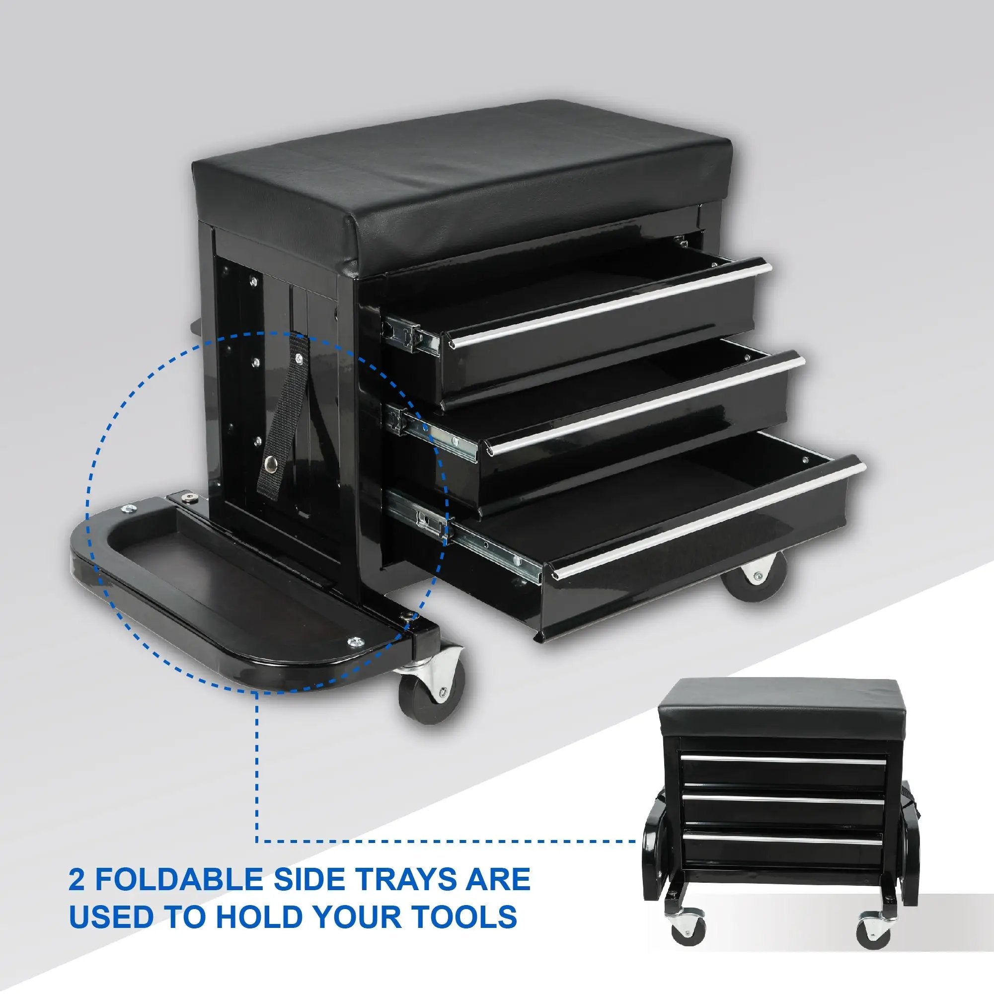 3-Drawer Tool Chest Rolling Mechanic Seat with Tool Trays by HouseOfZazla