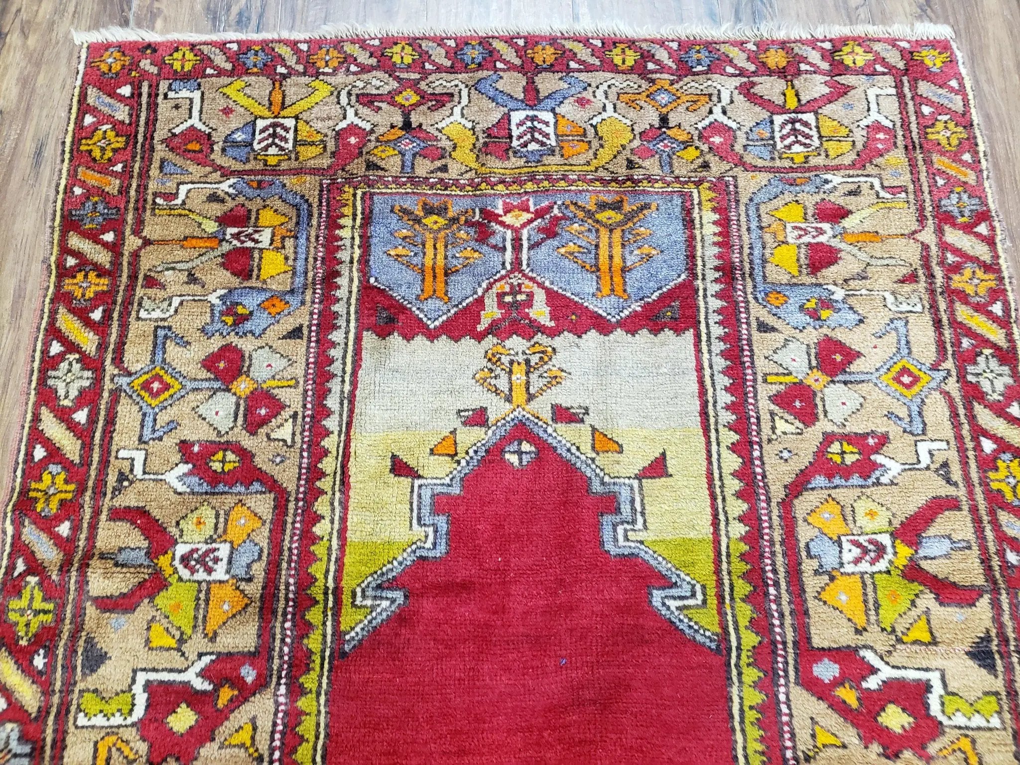 Antique Turkish Prayer Rug 3.8 x 5ft, Colorful Prayer Rug, Red Blue Gold Multicolor Turkish Anatolian Carpet, Handmade Hand-Knotted, Wool by Jewel Rugs