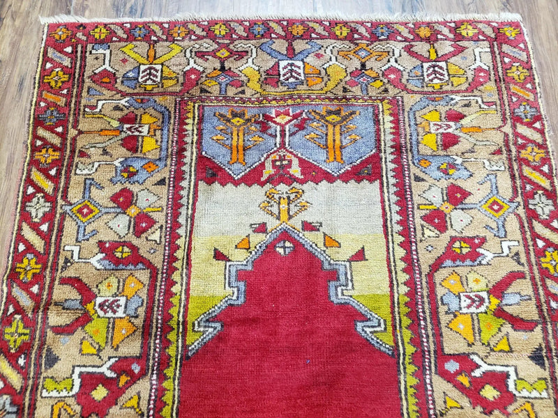 Antique Turkish Prayer Rug 3.8 x 5ft, Colorful Prayer Rug, Red Blue Gold Multicolor Turkish Anatolian Carpet, Handmade Hand-Knotted, Wool by Jewel Rugs