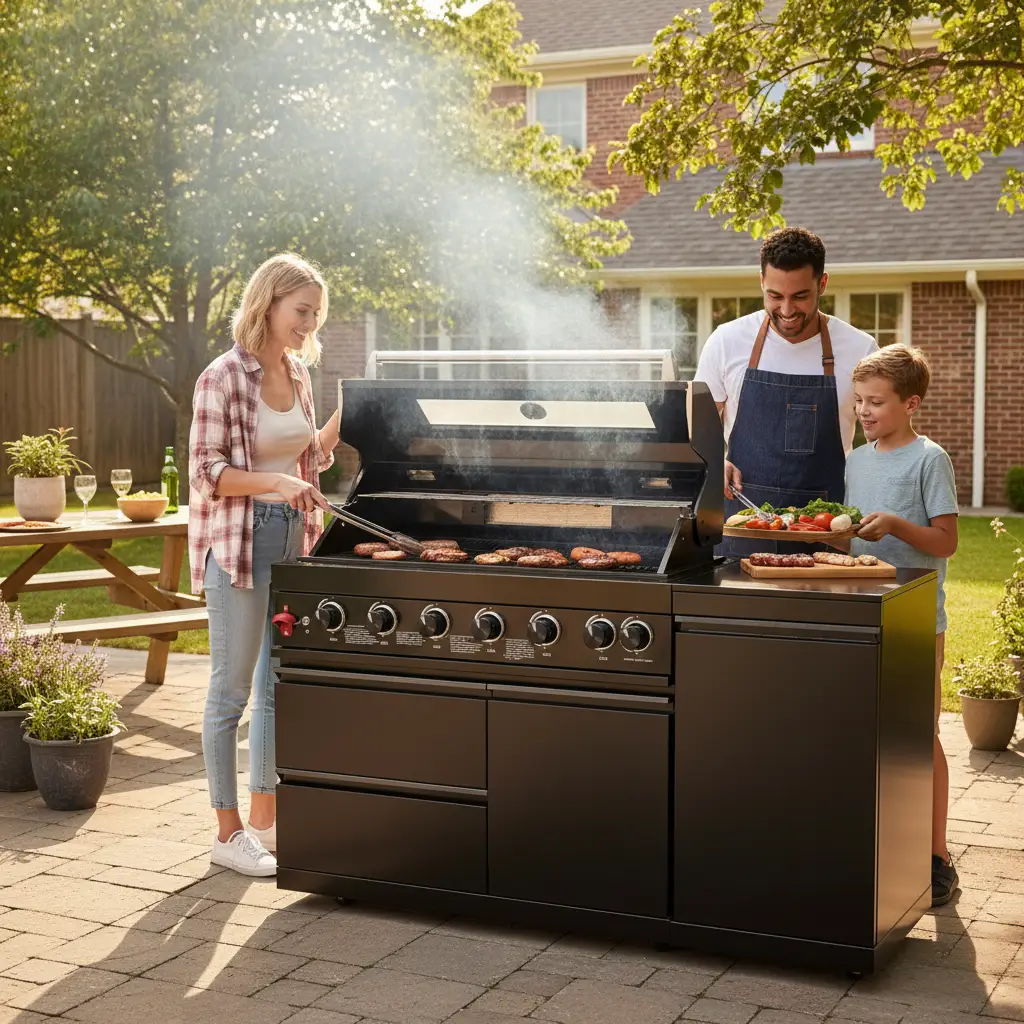 63" 6-Burner 85,000 BTU Black Outdoor Kitchen Island Grill + Marble Countertops by Chery Industrial