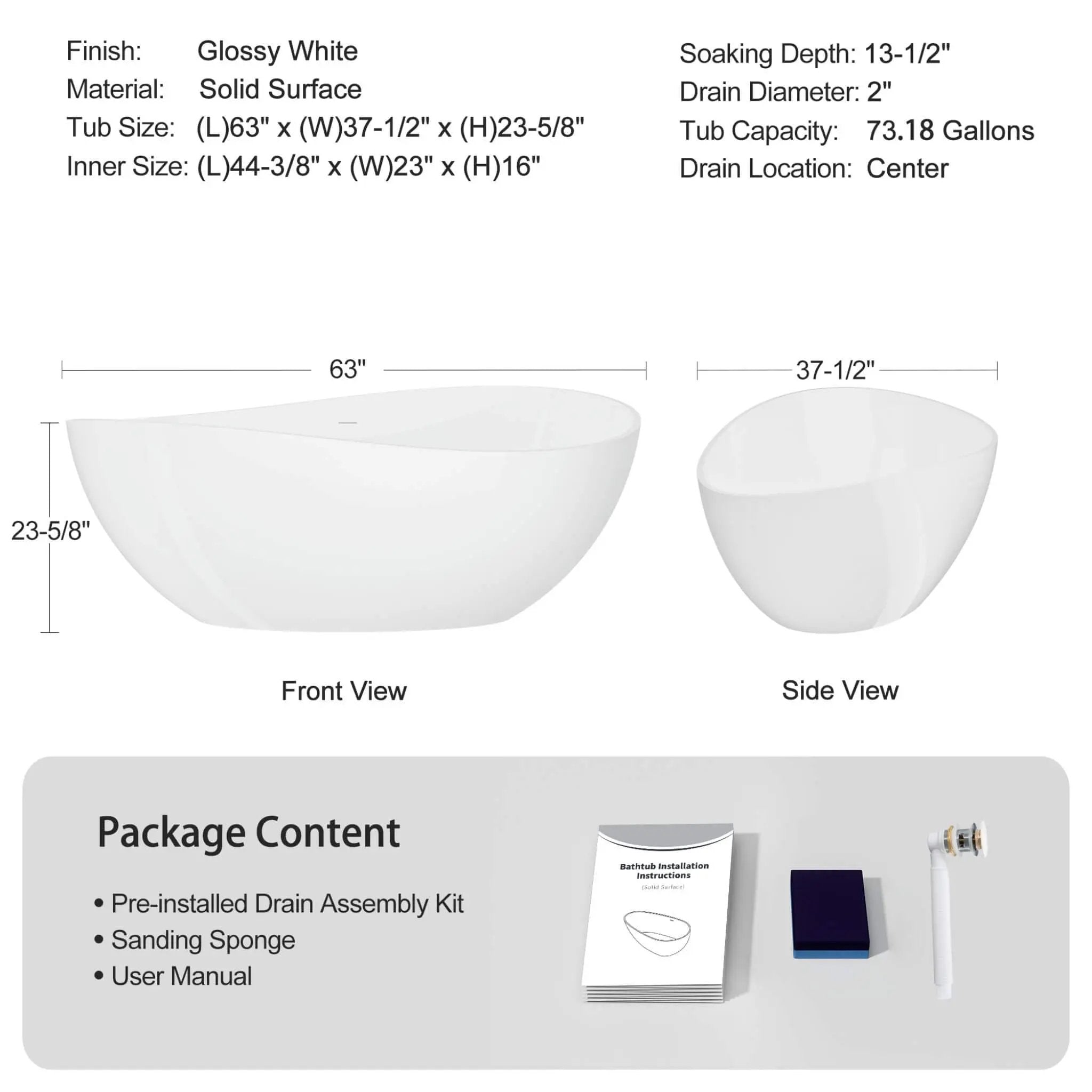 Nuvia 63-Inch Freestanding Glossy White Stone Resin Bathtub With Overflow And Drain (SAK42613) by SAKSBY WHOLESALE