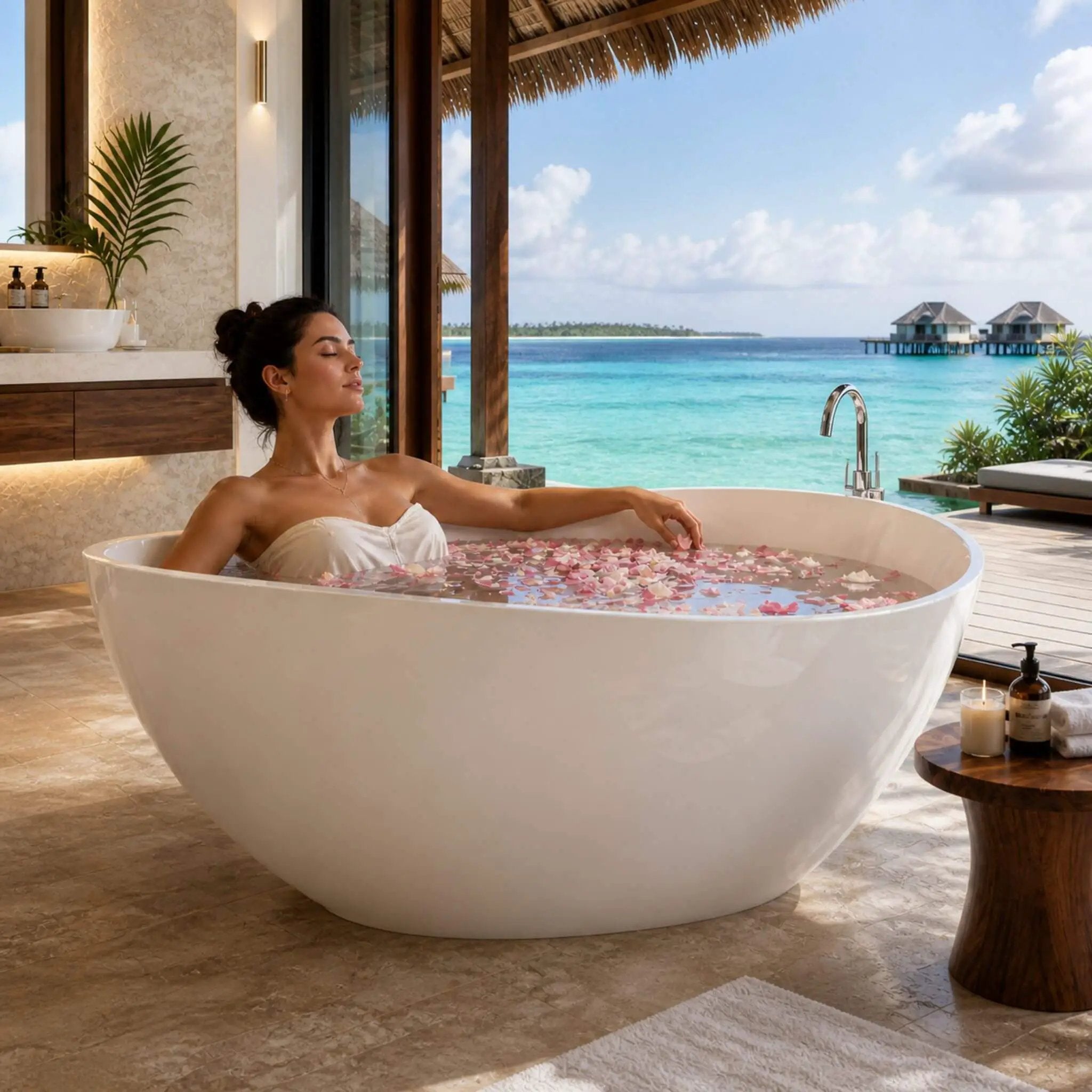Nuvia 63-Inch Freestanding Glossy White Stone Resin Bathtub With Overflow And Drain (SAK42613) by SAKSBY WHOLESALE
