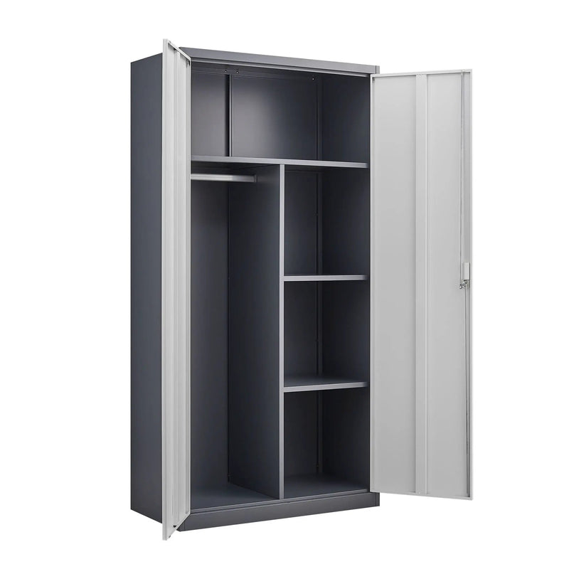 Wardrobe With Hanging Rod And Compartments, Lockable Closet With Locks & Keys For Bedroom - Gray by HouseOfZazla