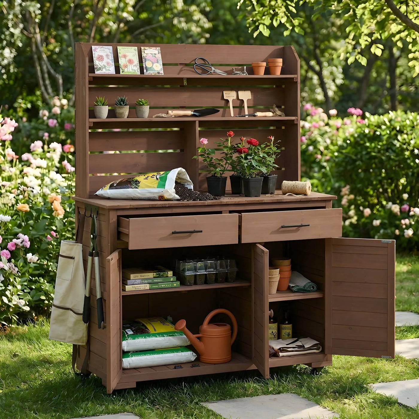 TOPMAX 65"H Large Garden Potting Bench with Storage and Lockable Wheels by HouseOfZazla