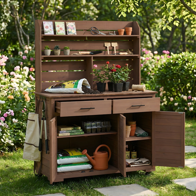 TOPMAX 65"H Large Garden Potting Bench with Storage and Lockable Wheels by HouseOfZazla
