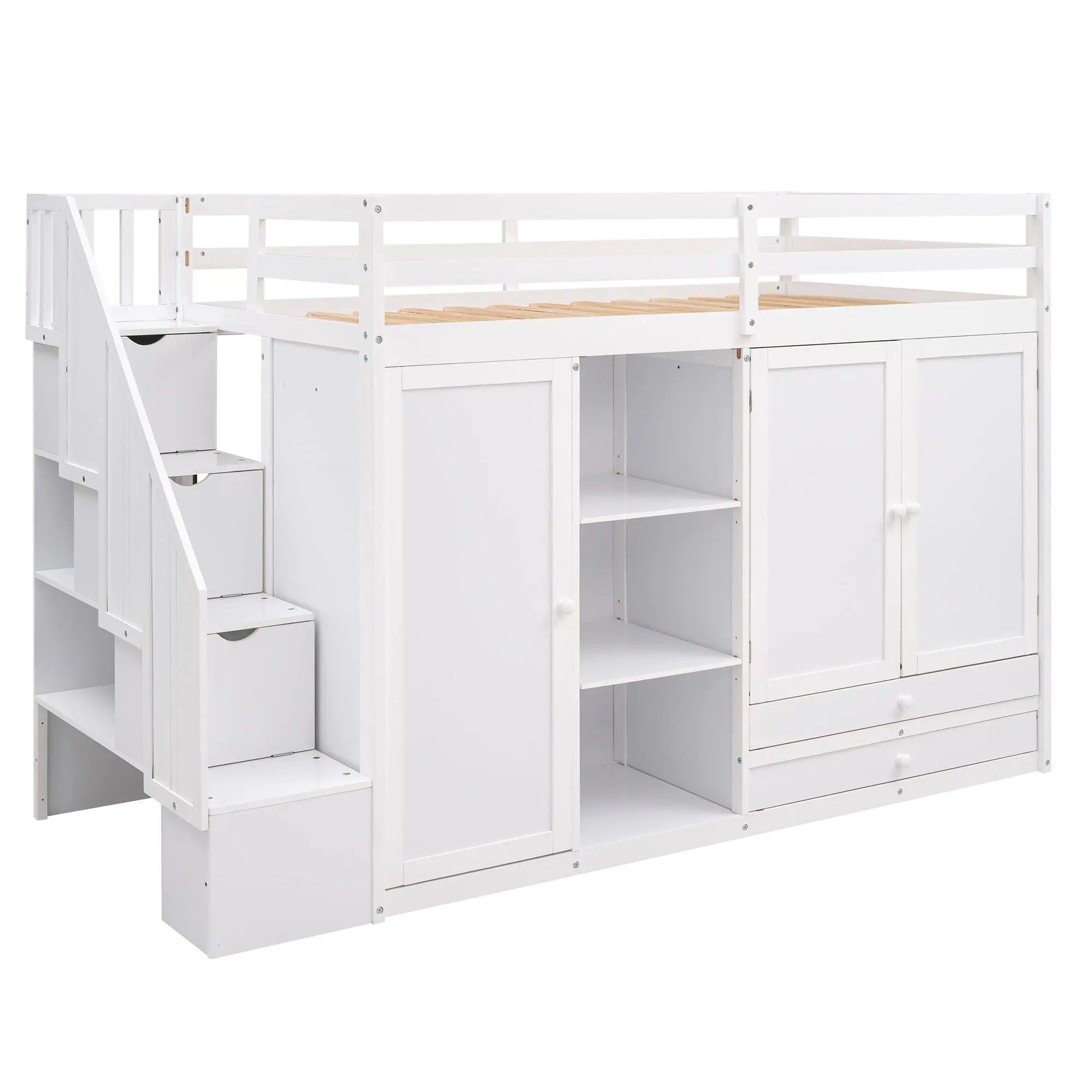 Loft Bed With 3 Shelves, 2 Wardrobes, 2 Drawers, Ladder Storage by Unique Piece Furniture