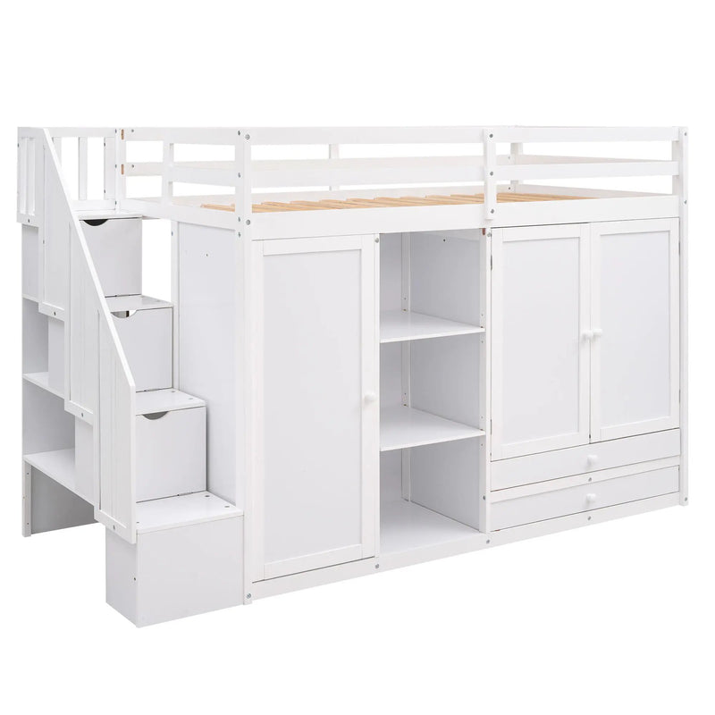 Loft Bed With 3 Shelves, 2 Wardrobes, 2 Drawers, Ladder Storage by HouseOfZazla