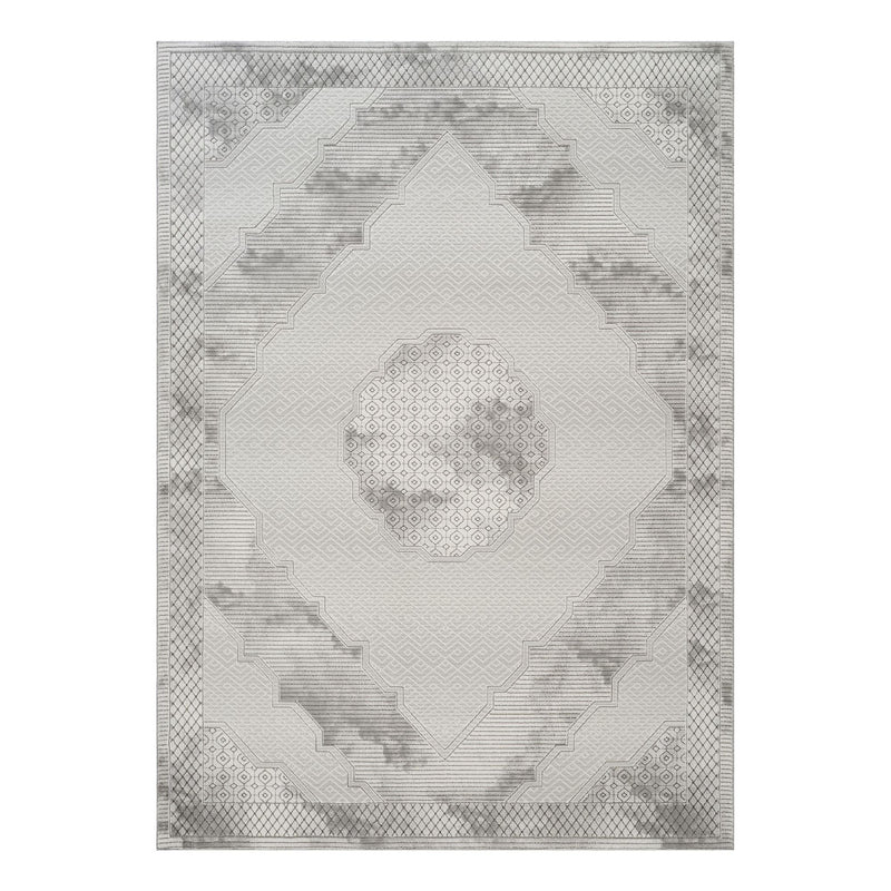 Medallion Area Rug with Geometric 3D Effect - Ivory / Gray