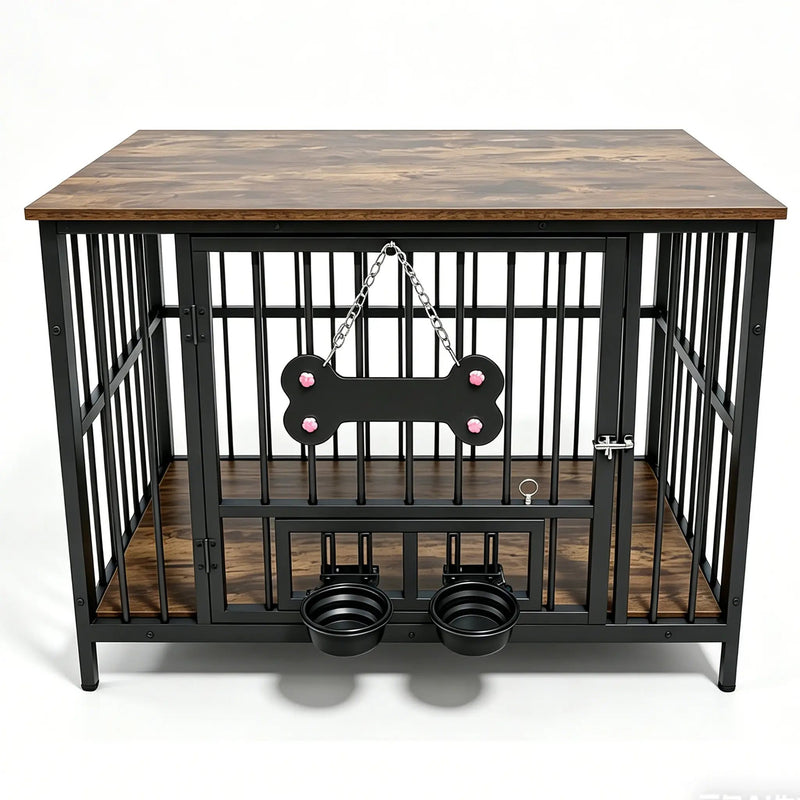 Vintage Wood Grain Dog Cage with Rotating Bowl by HouseOfZazla