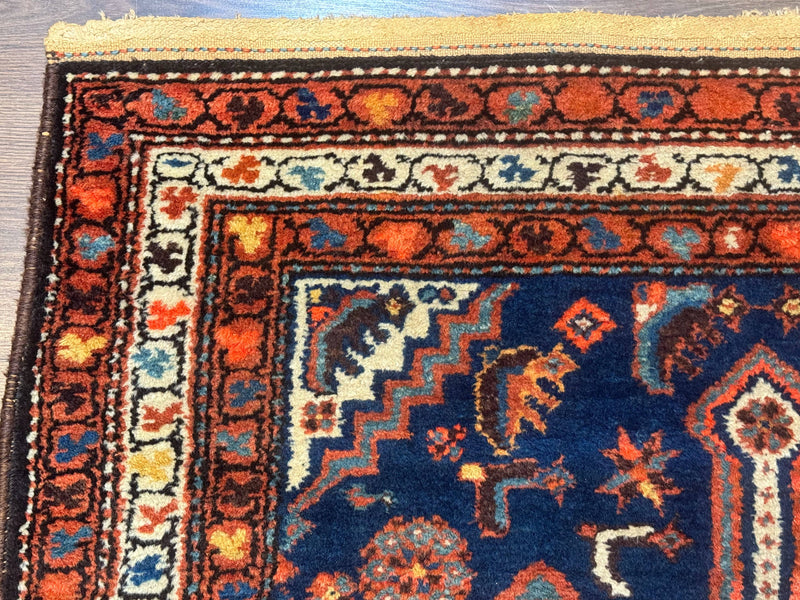 Antique Persian Hamadan Rug 4x6, Geometric, Double Medallions, Navy Blue, Tribal Carpet by Jewel Rugs