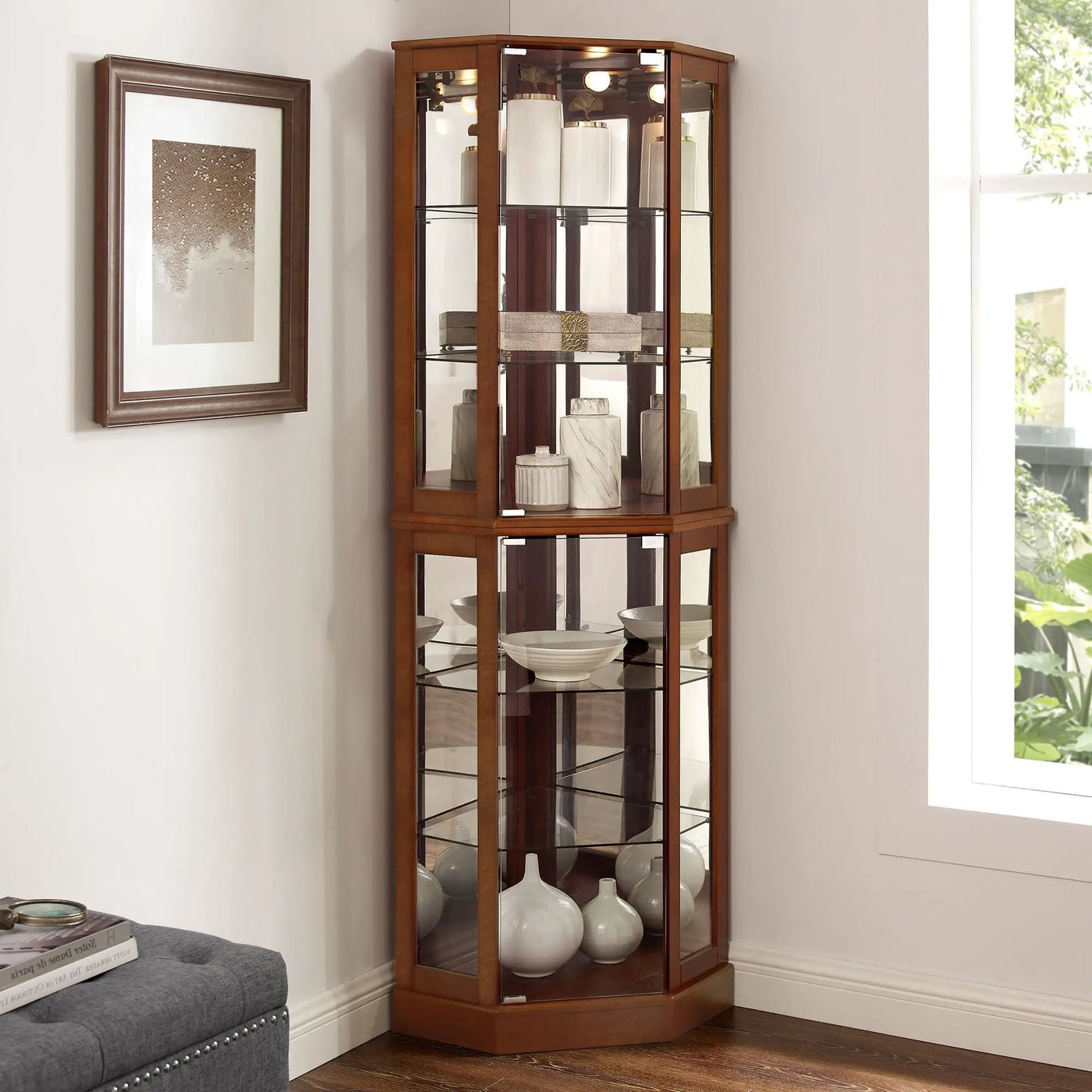 6 Shelf Corner Curio Display Cabinet With Lights, Mirrors And Adjustable Shelves by HouseOfZazla
