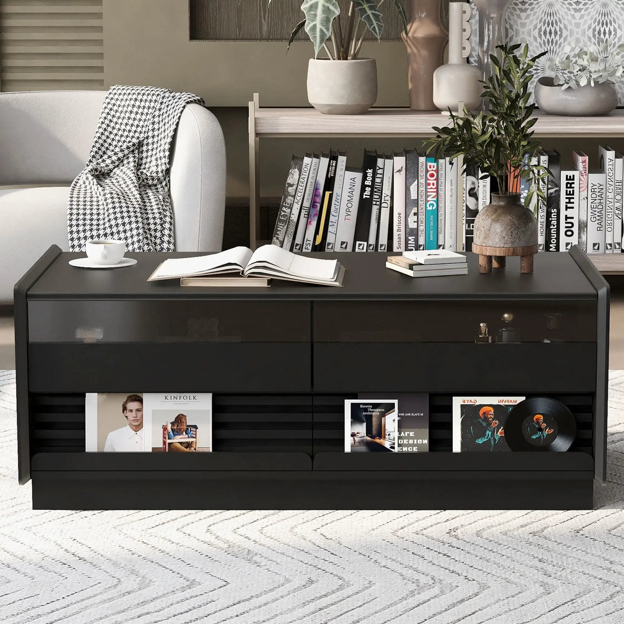 Modern Rectangle Coffee Table With 4 Drawers And 2 Display Shelves by Unique Piece Furniture