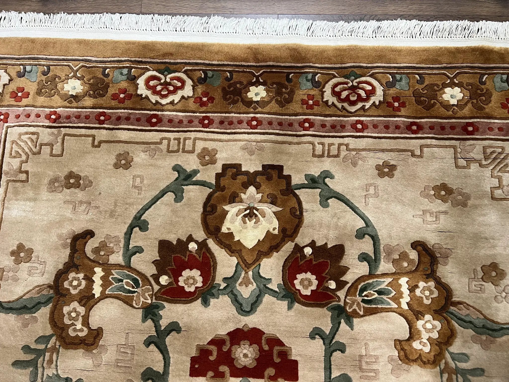Chinese Wool Rug 5.9 x 9, Tan and Brown Asian Art Deco Carpet, Vintage 1960s Oriental Rug, Hand-Knotted Rug, Soft Wool, Medallion, Pair B by Jewel Rugs