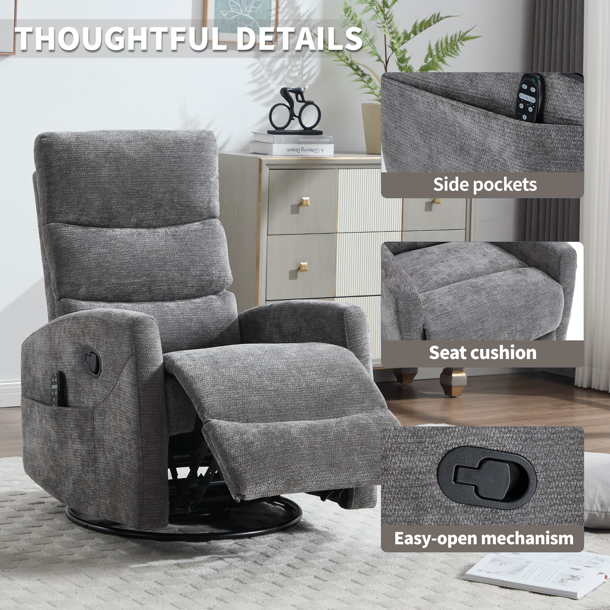 Heat Massage Manual Recliner Chair with Rocker and Swivel in Fabric by HouseOfZazla