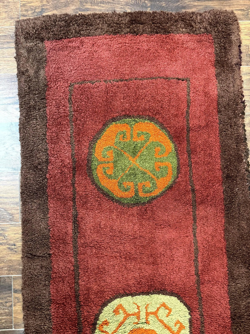 German Hooked Runner Rug 3x8, Vintage, Red, Wool by Jewel Rugs