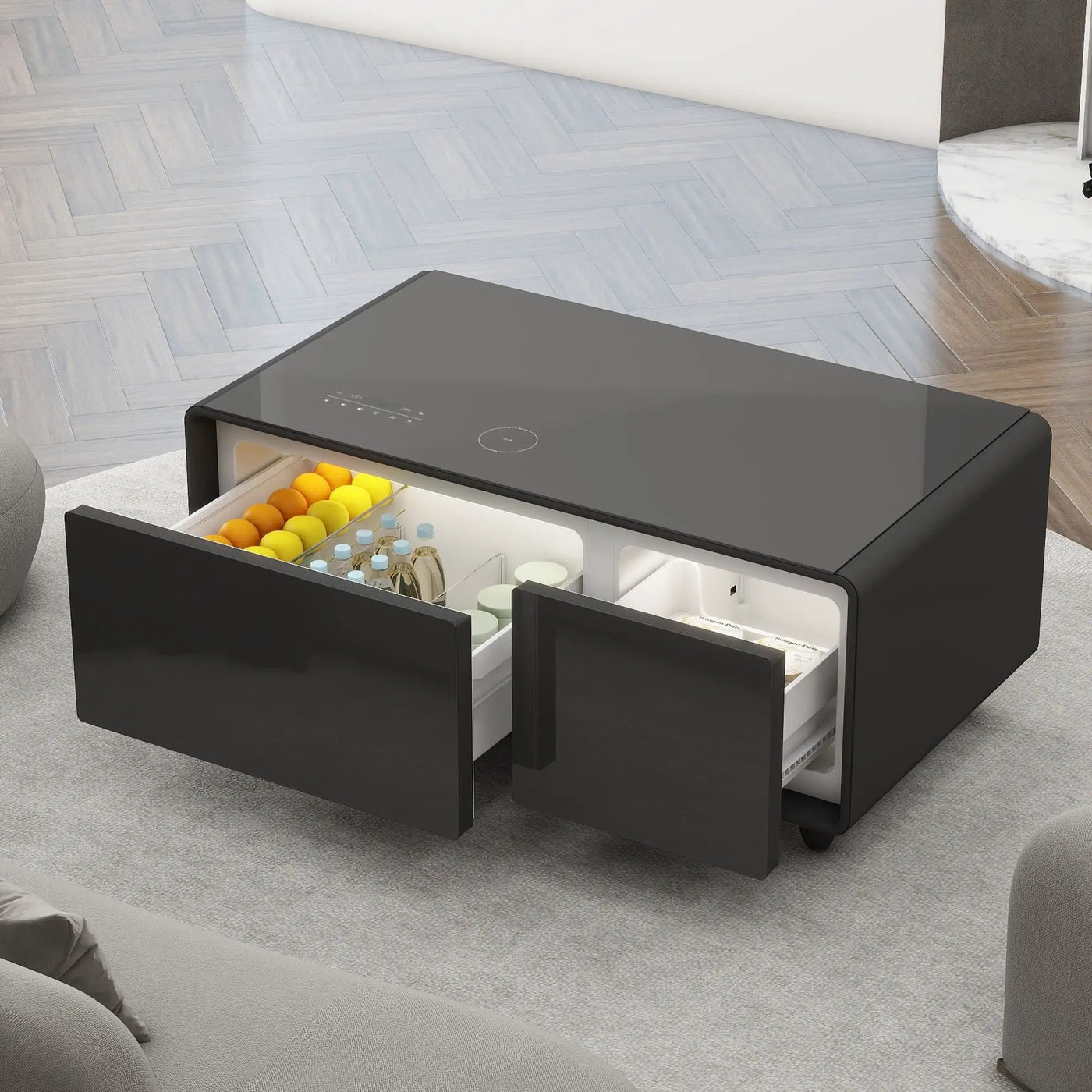 Modern Smart Coffee Table With Built-In Fridge - tooth Speaker, Wireless Charging, Touch Control Panel, USB Interface, Outlet Protection, Atmosphere Light by Unique Piece Furniture