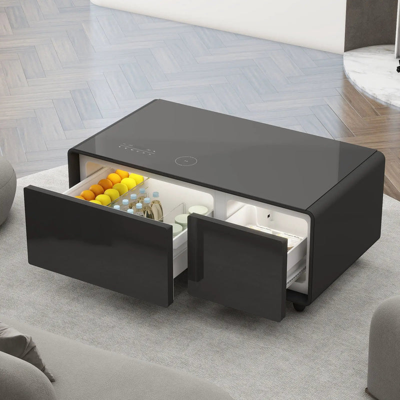 Modern Smart Coffee Table With Built-In Fridge - tooth Speaker, Wireless Charging, Touch Control Panel, USB Interface, Outlet Protection, Atmosphere Light by HouseOfZazla