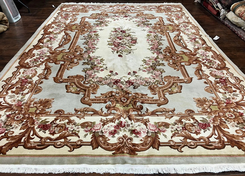 Aubusson Rug 10x13, Cream and Light Mint Green Hand Knotted Handmade French Savonnerie European Carpet, Wool Pile, Large Room Sized Vintage by Jewel Rugs