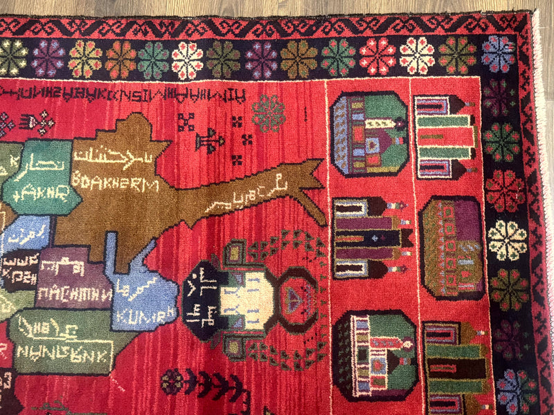 Afghan Rug 3x7, Map of Afghanistan, War Rug, Tribal Rug, Balouch Rug, New, Red by Jewel Rugs