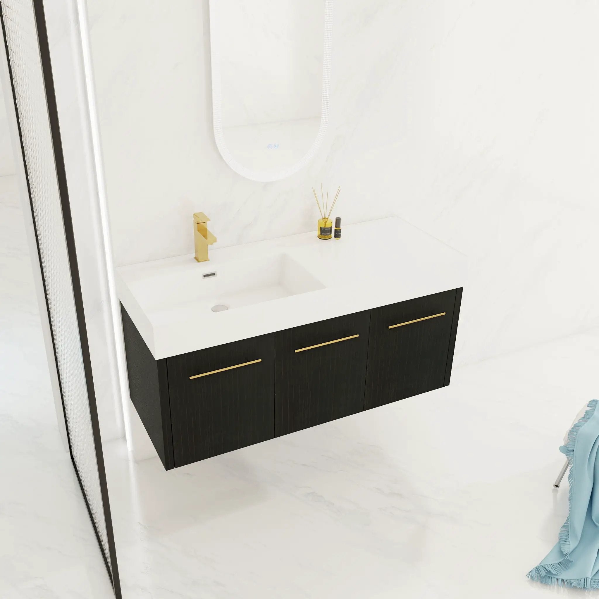 Contemporary 48" Wall Mounted Bathroom Vanity With Resin Sink And Soft Closing Doors And Line - Black Chestnut by HouseOfZazla