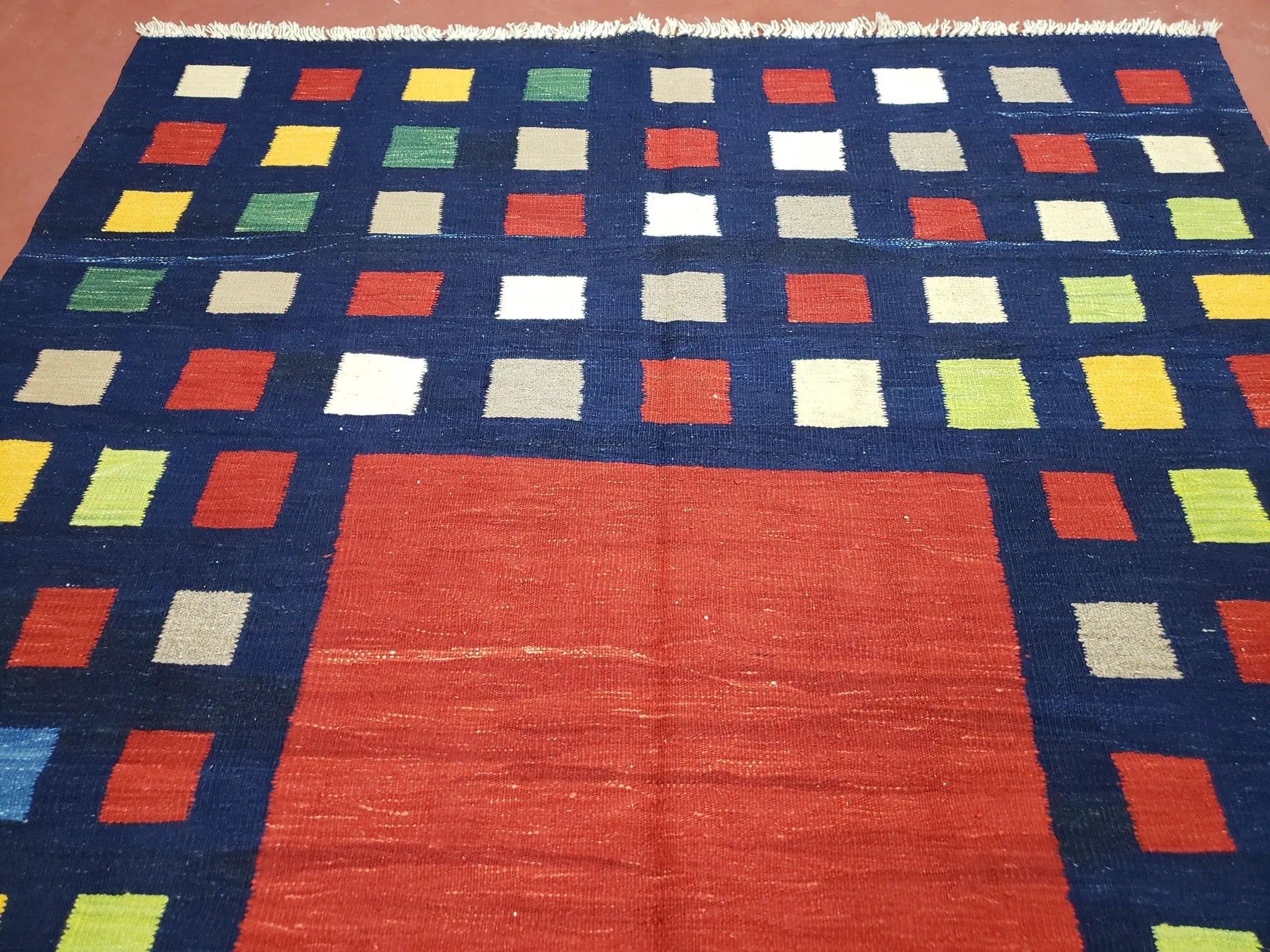 Turkish Kilim Rug 5x7 - 6x8, Checkerboard Kilim Carpet, Area Rug, New Playroom Rug, Colorful Multicolor Rug for Nursery Room, Dark Blue Red by Jewel Rugs