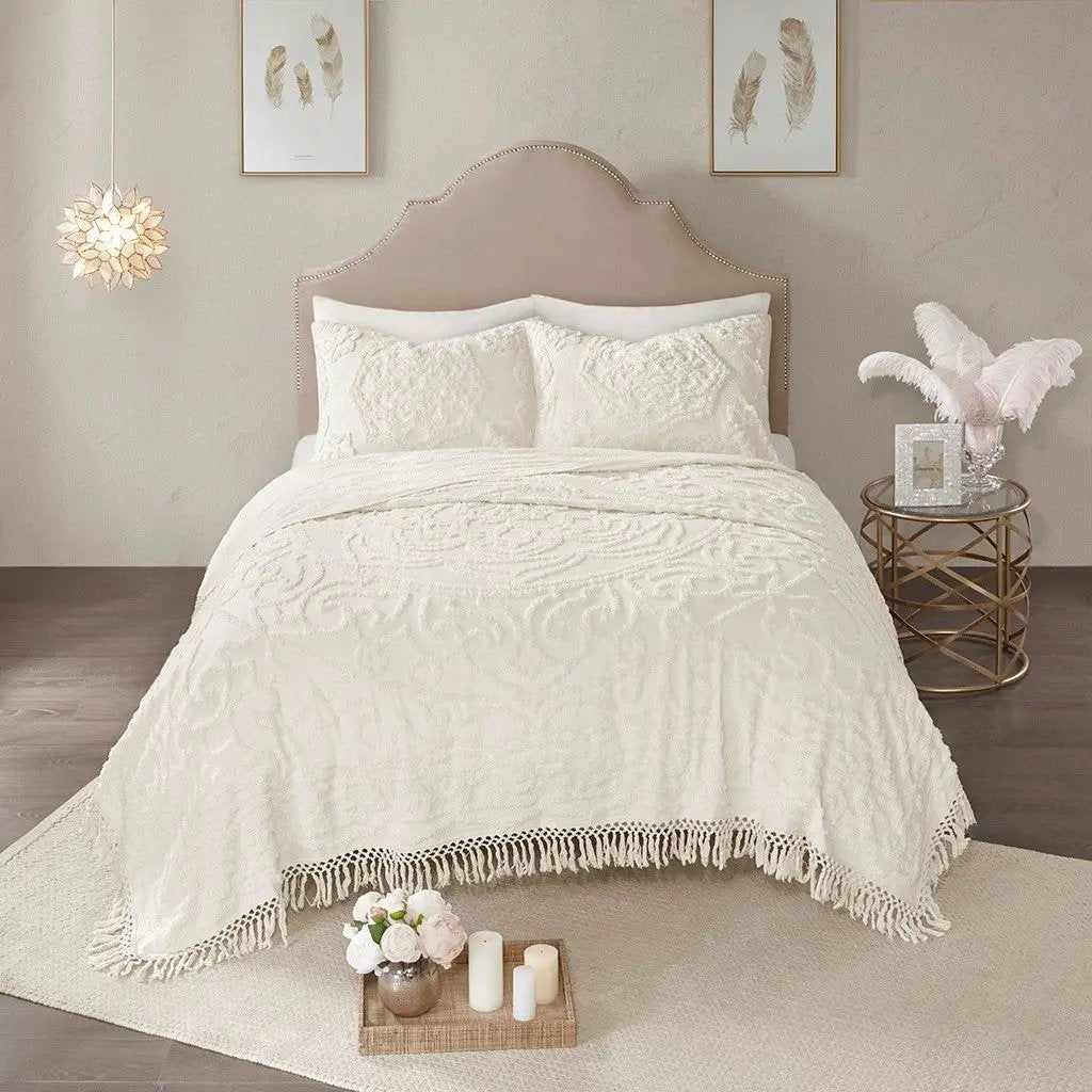 Tufted Cotton Chenille Medallion Fringe Coverlet Mini Set - Off-White by HouseOfZazla