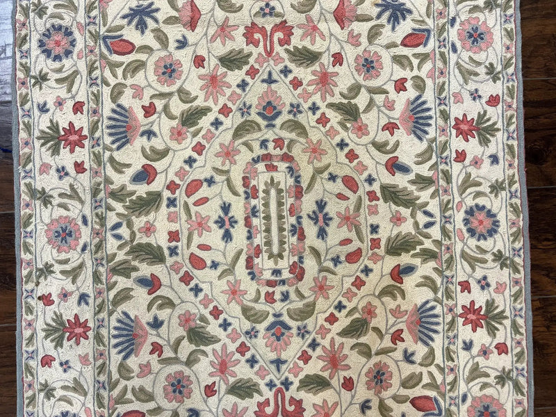 Hand Stitched Indian Rug 4x5, Floral, Vintage Hand Embroidered Rug by Jewel Rugs